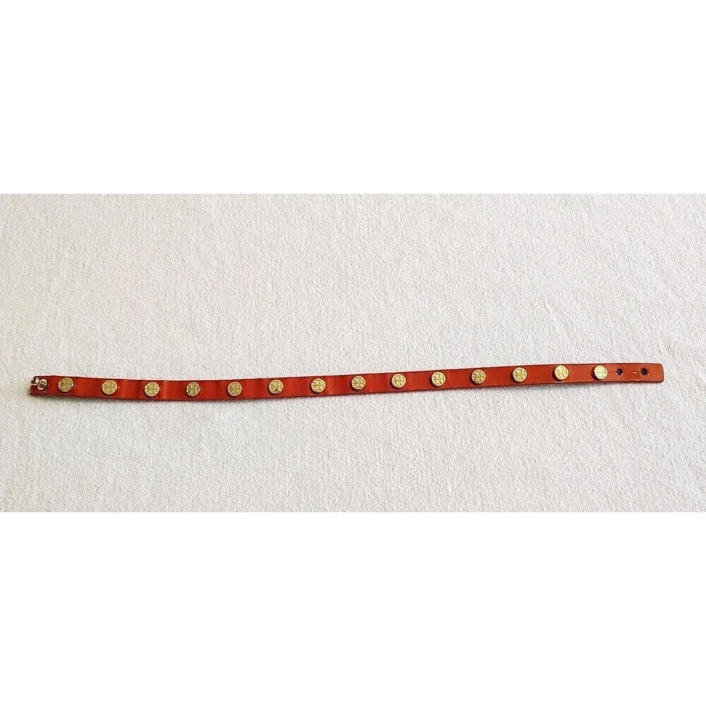 Tory Burch Orange Double Wrap Leather Gold Tone Brass Logo Stud Bracelet